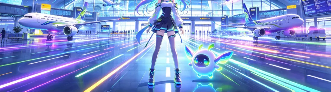机场航站楼里长发少女与小精灵的动漫风插画（下半）